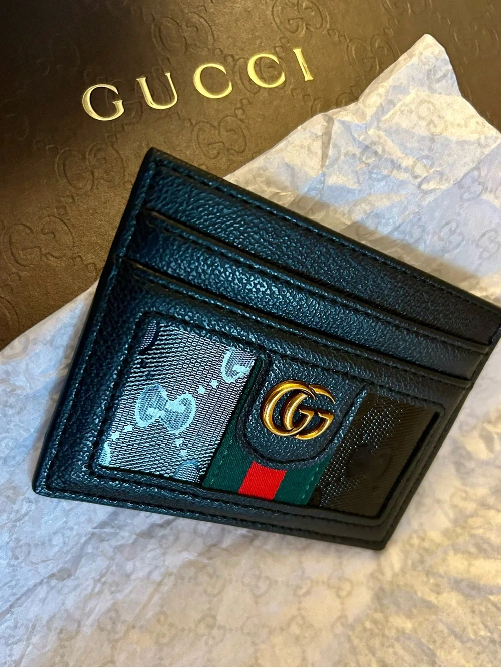 Gucci Black Leather Card Holder with Green-Red Web and Gold GG